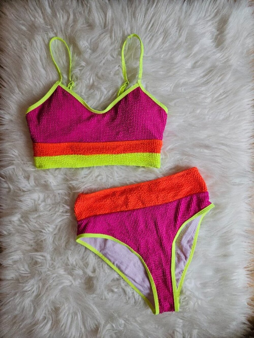 Shein neon textured bikini swimsuit rave retro sporty high waisted colorblock